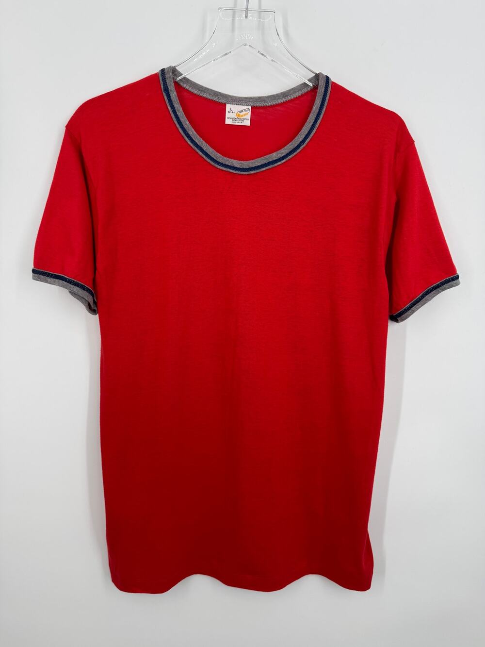 VTG 80's Sneakers brand T shirt men's L crewneck ringer single stitch red gray
